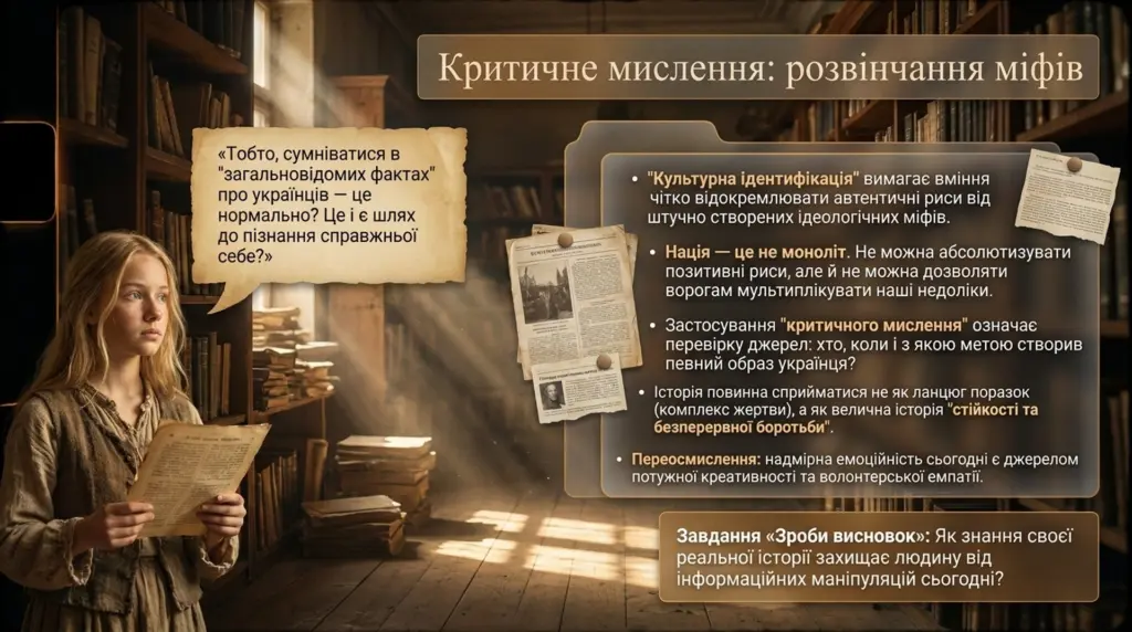 Дівчина з папером у руках у бібліотеці, праворуч текст про критичне мислення, розвінчання міфів та культуру ідентифікації на нації.