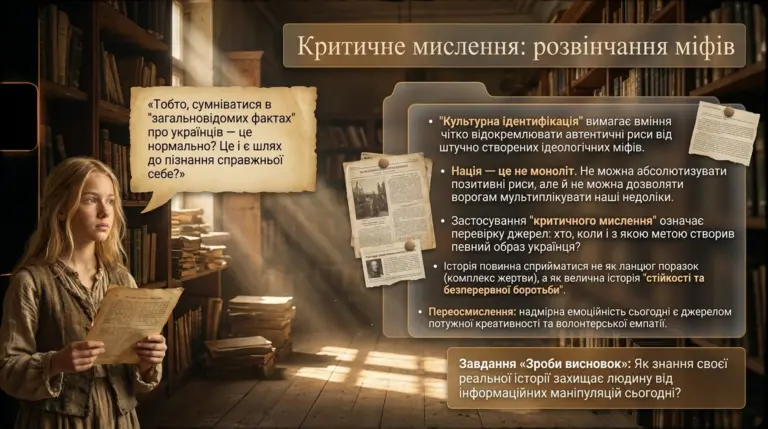 Дівчина з папером у руках у бібліотеці, праворуч текст про критичне мислення, розвінчання міфів та культуру ідентифікації на нації.