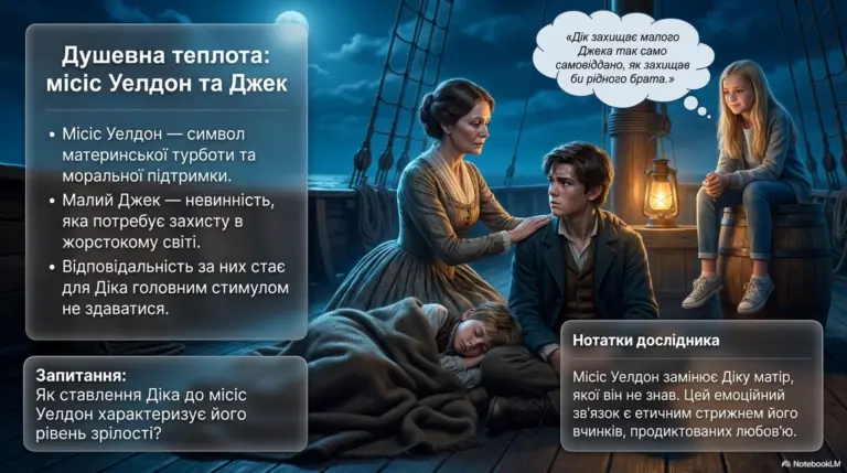 Ілюстрація Діка Сенда з місіс Уелдон та маленьким Джеком на кораблі під час ночі, яка символізує турботу і відповідальність.
