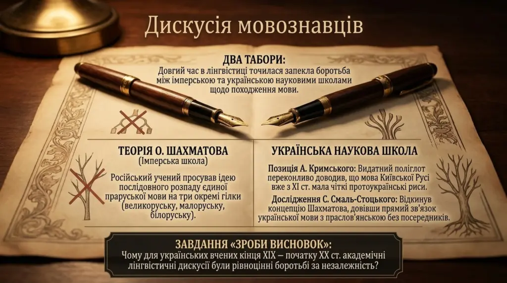 Слайд презентації з двома перовими ручками на аркуші, текст про мовознавчі дискусії між імперською та українською науковою школами.