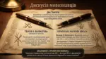 Слайд презентації з двома перовими ручками на аркуші, текст про мовознавчі дискусії між імперською та українською науковою школами.