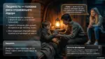 Ілюстрація важливості людяності як головної риси справжнього лідера з героями у теплій кімнаті біля лампи