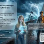 Дівчина з планшетом і юнак у морській формі на кораблі під час шторму з текстом про випробування характеру у виключних обставинах