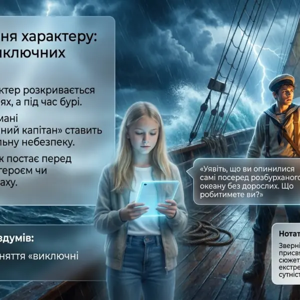 Дівчина з планшетом і юнак у морській формі на кораблі під час шторму з текстом про випробування характеру у виключних обставинах