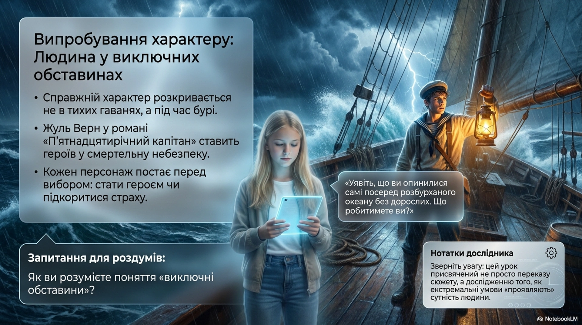 Образ Діка Сенда, моральні якості, мужність і людяність героя Дівчина з планшетом і юнак у морській формі на кораблі під час шторму з текстом про випробування характеру у виключних обставинах