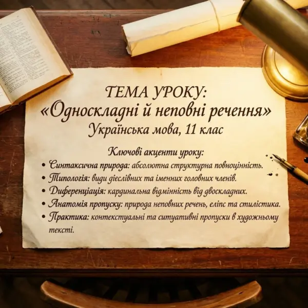 Рукописний лист з темою уроку про односкладні й неповні речення на дерев'яному столі серед письмового приладдя.