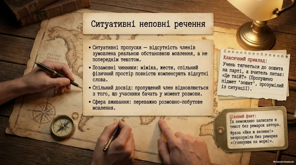 Ілюстрація ситуаативних неповних речень із прикладами та поясненнями на фоні старовинної карти і компаса.