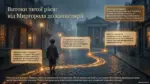 Ілюстрація вулиці з постаттю хлопчика в дощову погоду у вечірній час, з текстовими коментарями про життєвий шлях Панаса Мирного.