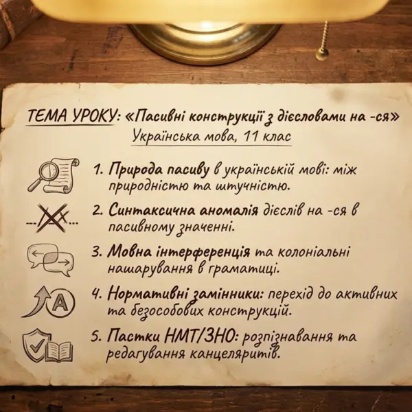 Рукописний конспект на папері з темою уроку української мови для 11 класу про пасивні конструкції з дієсловами на -ся.