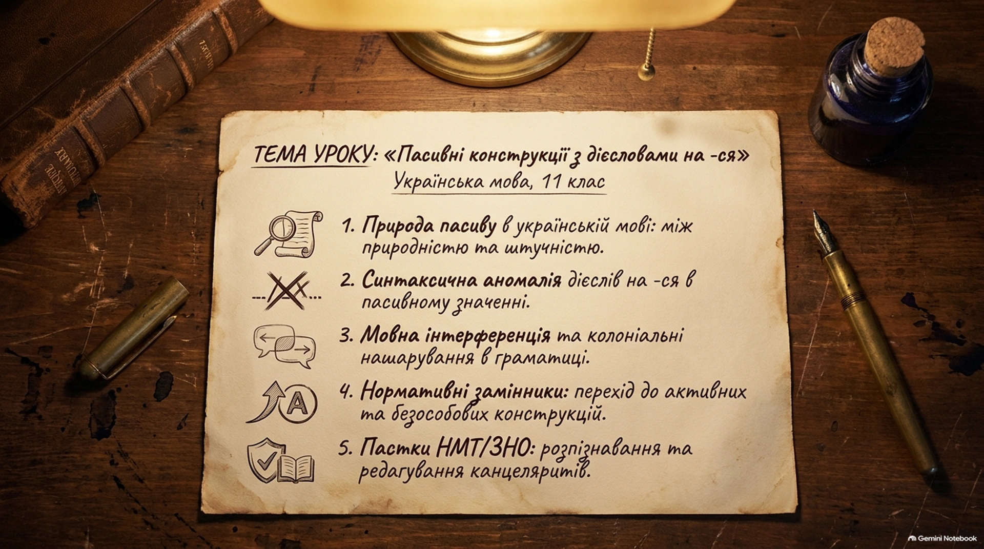 Пасивні конструкції на -ся 1 Рукописний конспект на папері з темою уроку української мови для 11 класу про пасивні конструкції з дієсловами на -ся.