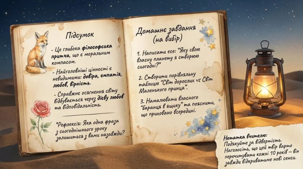 Ілюстрація розкритої книги з підсумком і домашнім завданням про казку-притчу «Маленький принц», з малюнком лисиці, троянди та лампи на піщаному фоні.