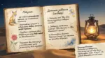 Ілюстрація розкритої книги з підсумком і домашнім завданням про казку-притчу «Маленький принц», з малюнком лисиці, троянди та лампи на піщаному фоні.
