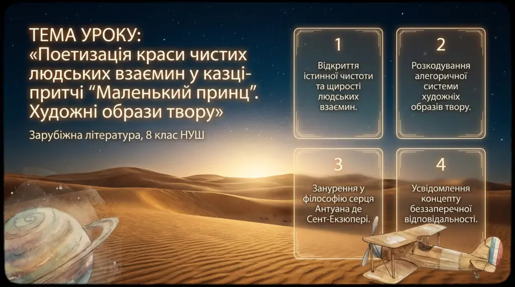 Тема уроку про поетизацію краси людських взаємин у казці-притчі Маленький принц із ілюстрацією пустелі, планети і літака.