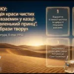 Тема уроку про поетизацію краси людських взаємин у казці-притчі Маленький принц із ілюстрацією пустелі, планети і літака.
