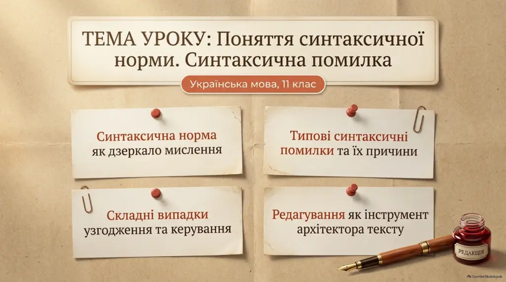 Слайд презентації з темою 'Поняття синтаксичної норми. Синтаксична помилка' для 11 класу української мови.