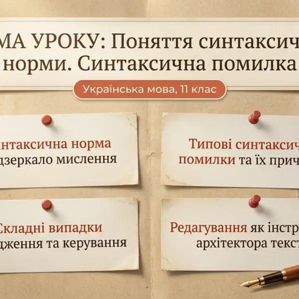 Слайд презентації з темою 'Поняття синтаксичної норми. Синтаксична помилка' для 11 класу української мови.
