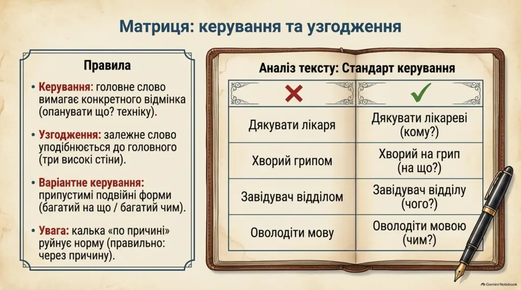 Слайд презентації з української мови про матрицю керування та узгодження зі зразками правильного і неправильного вживання.