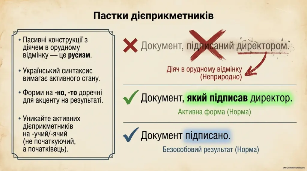 Слайд презентації про помилки вживання дієприкметників з прикладами правильних і неправильних конструкцій.