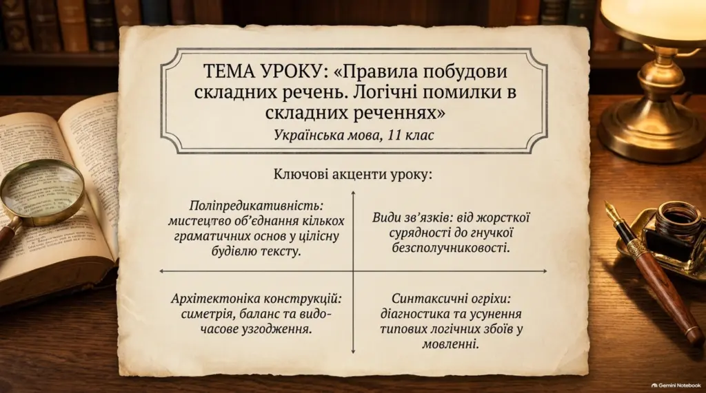Слайд презентації з темою уроку про правила побудови складних речень та логічні помилки в них для 11 класу.