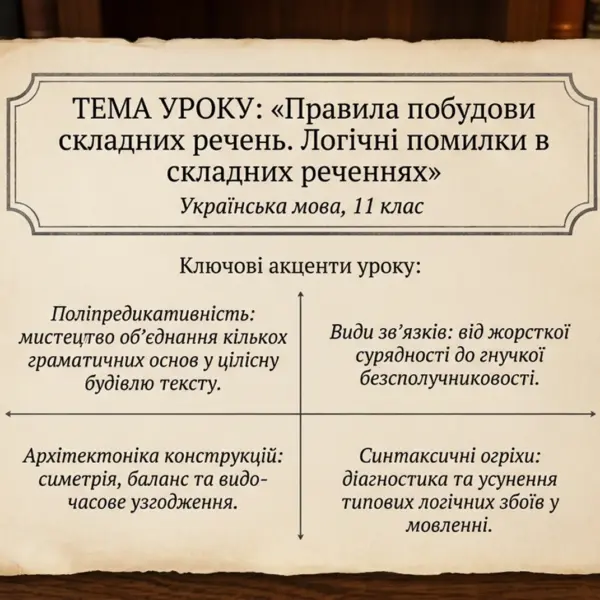 Слайд презентації з темою уроку про правила побудови складних речень та логічні помилки в них для 11 класу.