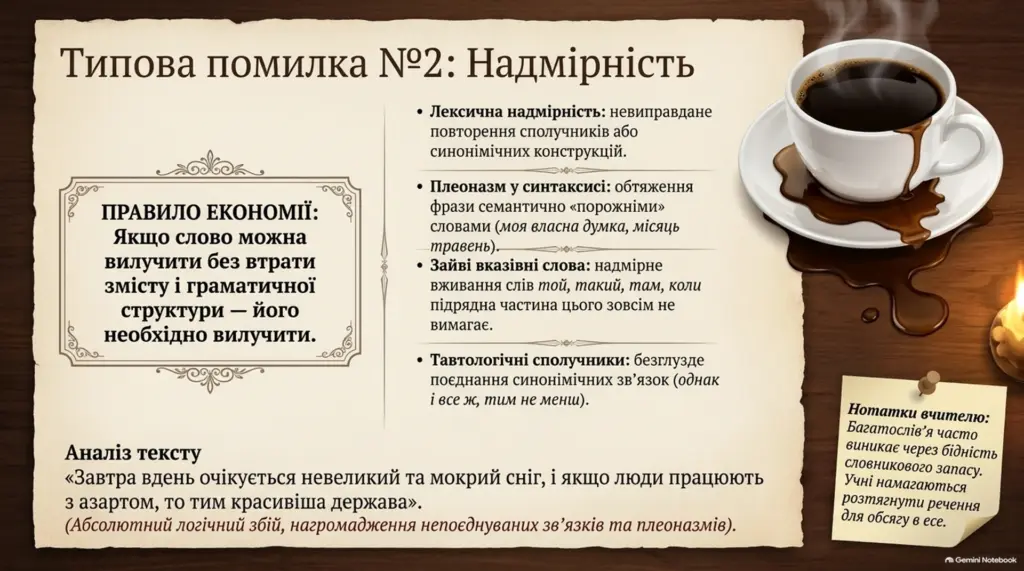 Слайд презентації про типову помилку надмірності у складних реченнях з текстовими поясненнями та чашка кави з пролитею рідиною.