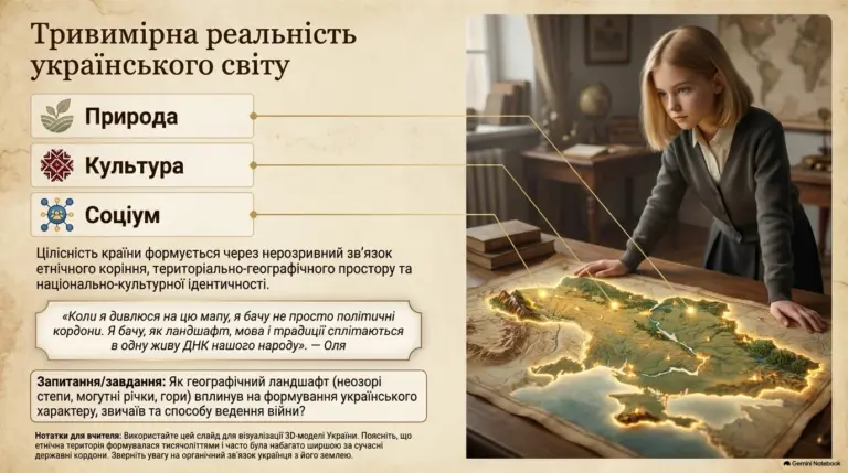 Дівчина уважно розглядає об’ємну 3D-карту України з підсвіткою, на якій показані природа, культура та соціум українського світу.