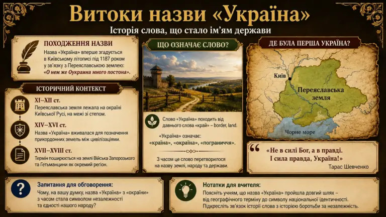 Навчальний слайд з історією назви «Україна», включно з походженням, значенням слова, картою Переяславської землі та цитатою Тараса Шевченка.