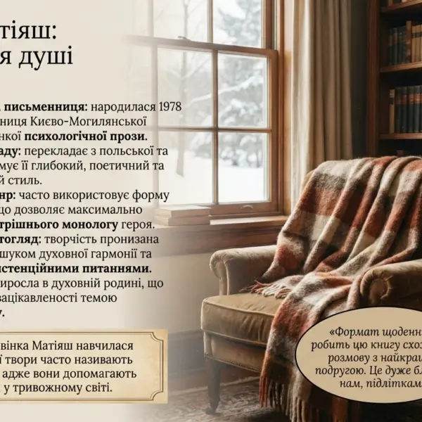 Презентація про письменницю Дзвінку Матіяш із основними тезами про її творчість на фоні книжкової полиці та дівчини біля вікна.