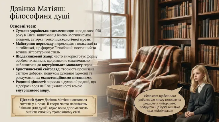 Презентація про письменницю Дзвінку Матіяш із основними тезами про її творчість на фоні книжкової полиці та дівчини біля вікна.