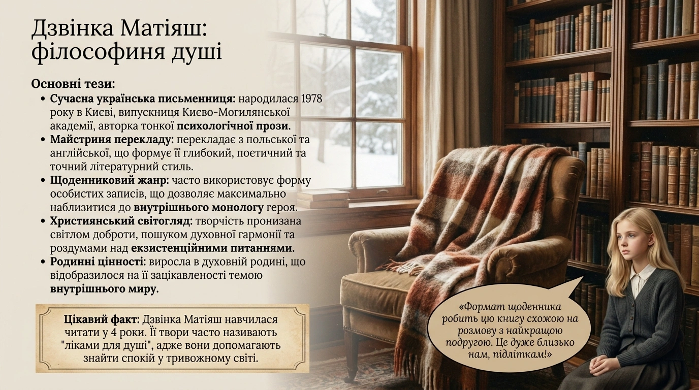Презентація «Дзвінка Матіяш «Мене звати Варвара». Презентація про письменницю Дзвінку Матіяш із основними тезами про її творчість на фоні книжкової полиці та дівчини біля вікна.