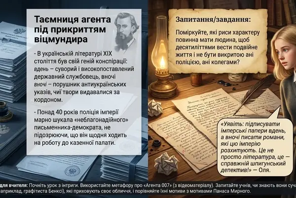 Історичний документ і обстановка з написаними листами, що ілюструють тему агента під прикриттям в українській літературі XIX століття.
