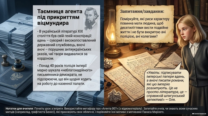 Історичний документ і обстановка з написаними листами, що ілюструють тему агента під прикриттям в українській літературі XIX століття.
