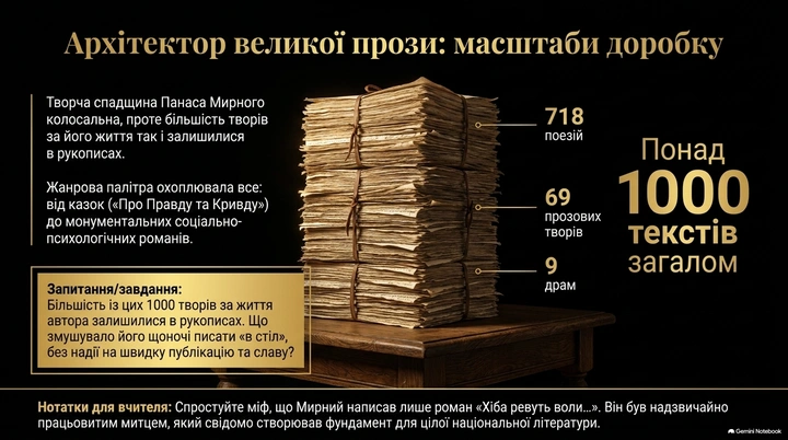 Стос старих рукописів Панаса Мирного з підписом про обсяг його творчої спадщини у понад 1000 текстів