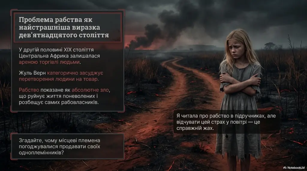 Сумна дівчина у згорілій пустці з текстом про проблему рабства у ХІХ столітті