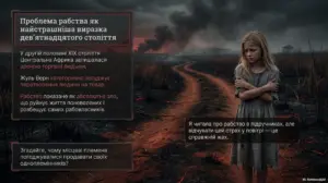 Сумна дівчина у згорілій пустці з текстом про проблему рабства у ХІХ столітті