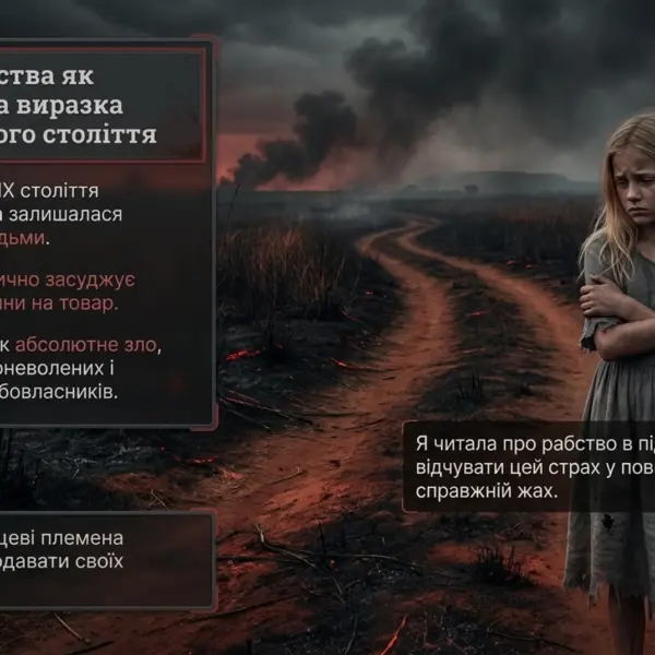 Сумна дівчина у згорілій пустці з текстом про проблему рабства у ХІХ столітті