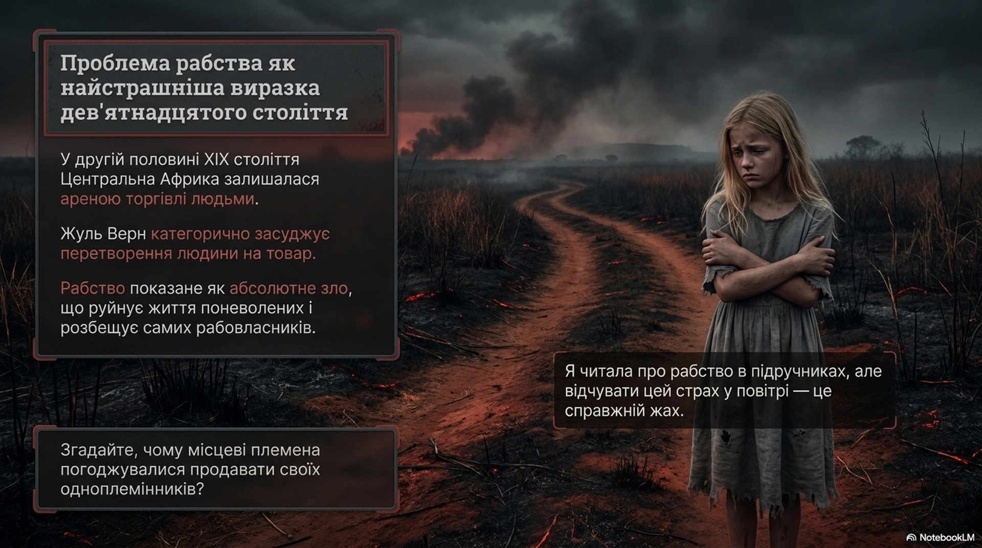 Проблема рабства в П ятнадцятирічний капітан Сумна дівчина у згорілій пустці з текстом про проблему рабства у ХІХ столітті