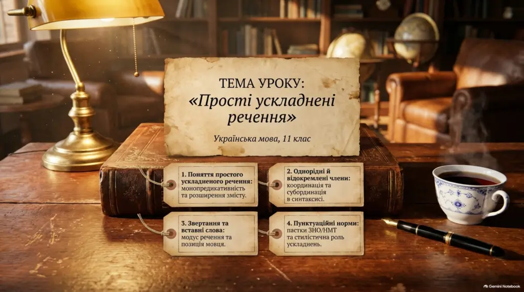 Презентація на тему простих ускладнених речень для 11 класу з підручником, лампою, чашкою кави та пером на дерев'яному столі.