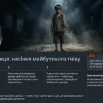 Дитина в потертій одежі стоїть на вулиці села в сутінках, поруч молода дівчина у спокійному стані на темному фоні.