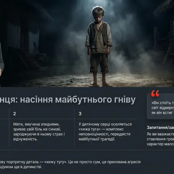 Дитина в потертій одежі стоїть на вулиці села в сутінках, поруч молода дівчина у спокійному стані на темному фоні.