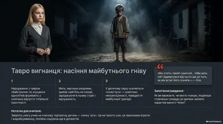Дитина в потертій одежі стоїть на вулиці села в сутінках, поруч молода дівчина у спокійному стані на темному фоні.