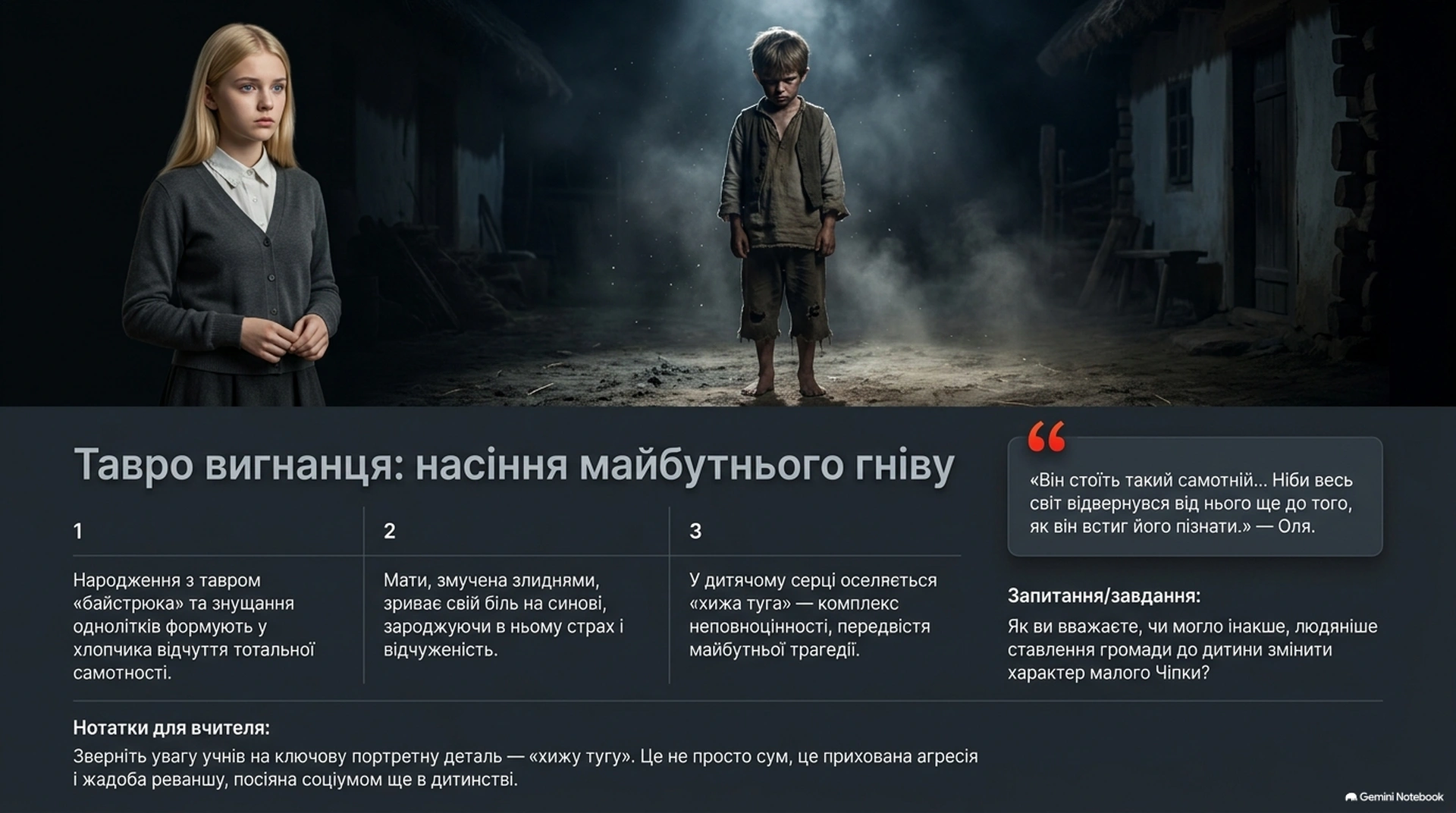 Шлях Ничипора Варениченка від правдошукача до розбійництва Дитина в потертій одежі стоїть на вулиці села в сутінках, поруч молода дівчина у спокійному стані на темному фоні.