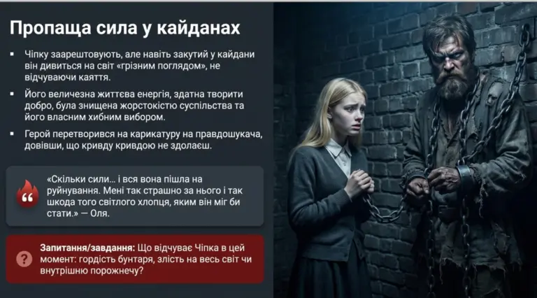 Чоловік у кайданах і стривожена дівчина у темній камері поруч із текстом про Чіпку в кайданах