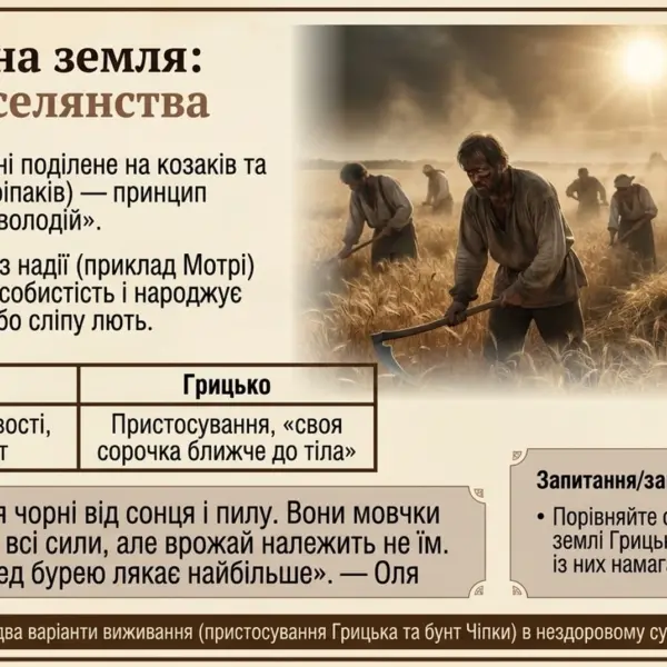 Сцена селянської праці на полі при заході сонця з молодою жінкою на передньому плані, ілюстрація соціальних проблем в романі.