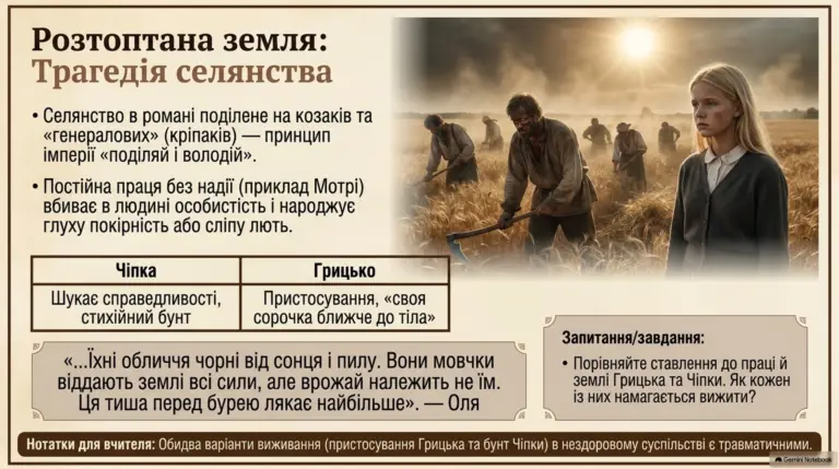 Сцена селянської праці на полі при заході сонця з молодою жінкою на передньому плані, ілюстрація соціальних проблем в романі.