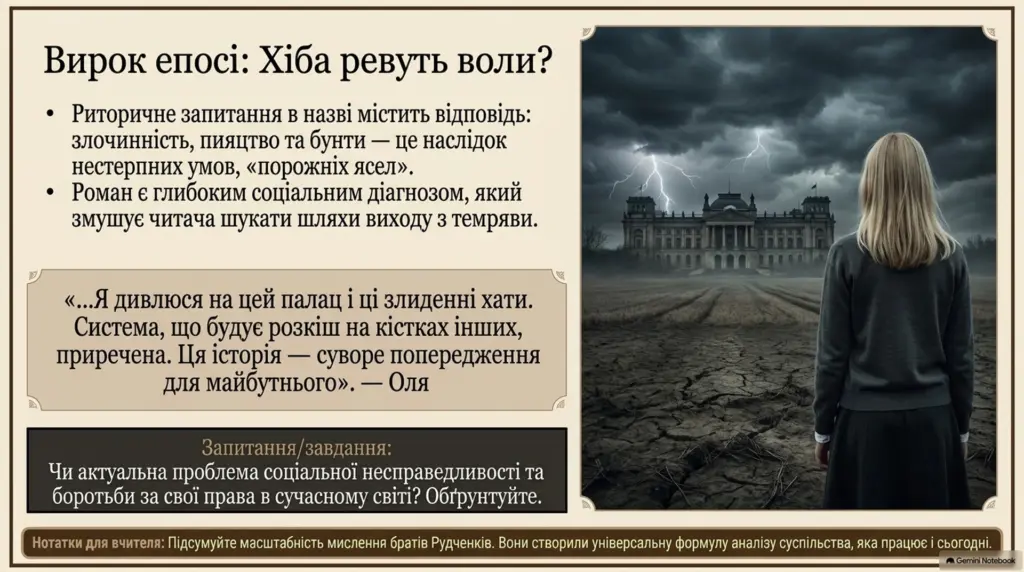 Учениця дивиться на похмуре небо і старовинну будівлю з блискавкою, що символізує соціальні проблеми у романі «Хіба ревуть воли, як ясла повні?»