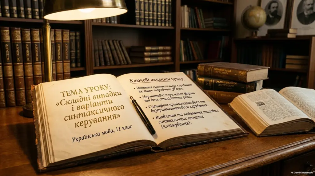 Відкрита книга з темою уроку про складні випадки синтаксичного керування та ключовими акцентами на столі в бібліотеці.