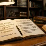 Відкрита книга з темою уроку про складні випадки синтаксичного керування та ключовими акцентами на столі в бібліотеці.