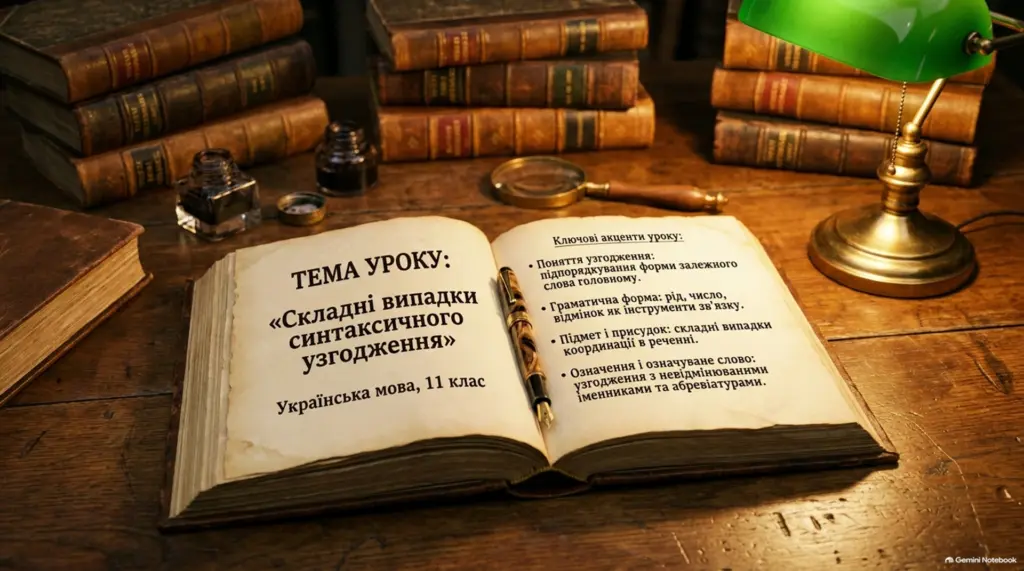 Відкрита книга із темою уроку 'Складні випадки синтаксичного узгодження' та ключовими акцентами уроку на дерев’яному столі зі старовинними книжками, ручкою та л