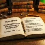 Відкрита книга із темою уроку 'Складні випадки синтаксичного узгодження' та ключовими акцентами уроку на дерев’яному столі зі старовинними книжками, ручкою та л